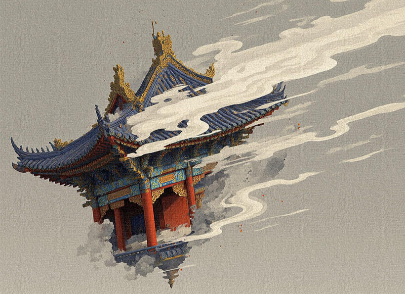 Traditional Chinese pavilion set within a landscape, illustrating harmony between built space and nature