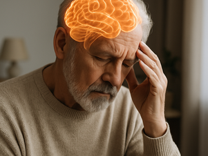 “Older man with eyes closed and hand resting on his forehead, appearing tired or overwhelmed. A glowing orange brain is digitally illustrated above his head, symbolizing mental strain or cognitive load.”