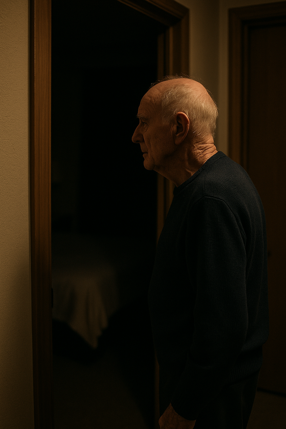 "Elderly man with Alzheimer’s standing in a dark hallway, confused and sundowning, gazing into a dimly lit room—capturing disorientation and dementia-related anxiety at dusk."