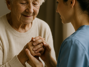 Elderly woman in a beige sweater holding hands with a caregiver in blue scrubs, symbolizing compassionate senior care and emotional support in a warm, calm setting