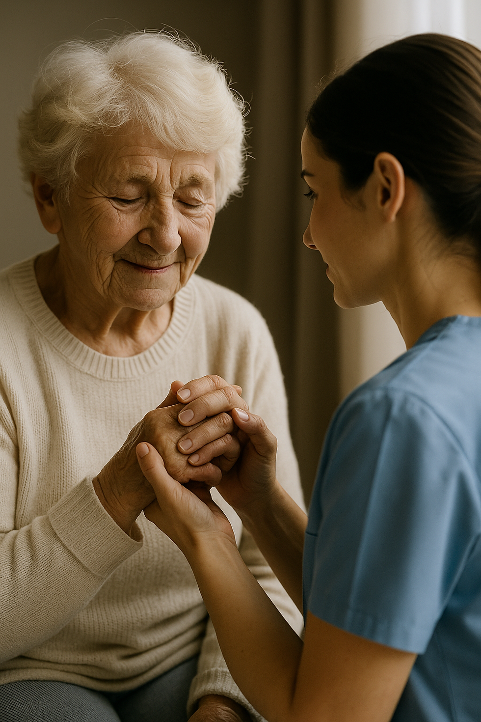 Elderly woman in a beige sweater holding hands with a caregiver in blue scrubs, symbolizing compassionate senior care and emotional support in a warm, calm setting
