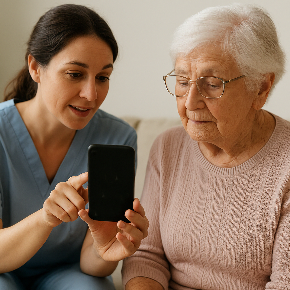 "Nurse sitting beside an elderly woman in a bright room, pointing to a cell phone screen—demonstrating tech support and personalized senior care."