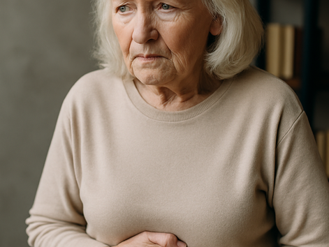 A concerned elderly woman holding her stomach in discomfort, captured from an emotional side angle, illustrating the hidden link between low stomach acid and weakened immunity in aging adults. Represents digestive distress, senior gut health challenges, and the overlooked early signs of immune decline.  This alt text is SEO-optimized and includes relevant long-tail keywords like:  low stomach acid and weakened immunity in aging adults digestive distress in seniors senior gut health challenges signs of immune decline in elderly