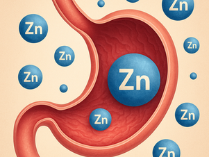 A medical illustration showing a cross-section of a human stomach on a salmon-pink background, surrounded by multiple blue spheres labeled “Zn” to represent zinc. The largest zinc sphere is positioned at the center of the stomach, symbolizing zinc’s role in digestive function and nutrient absorption.