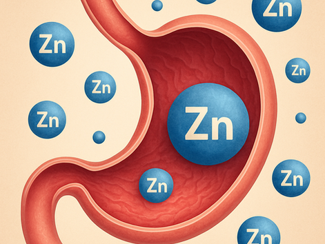 A medical illustration showing a cross-section of a human stomach on a salmon-pink background, surrounded by multiple blue spheres labeled “Zn” to represent zinc. The largest zinc sphere is positioned at the center of the stomach, symbolizing zinc’s role in digestive function and nutrient absorption.