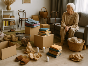 "Elderly woman sitting on a sofa in a cluttered living room surrounded by boxes, books, and household items. Natural light and neutral tones capture the emotional and physical challenges of aging in place and senior home safety."
