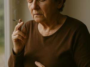 “Older woman with gray hair holding her stomach in discomfort while smoking near a window. Symbolizes how smoking worsens stomach ulcers and delays healing from H. pylori infection—key reasons why ulcers don’t heal in seniors.”