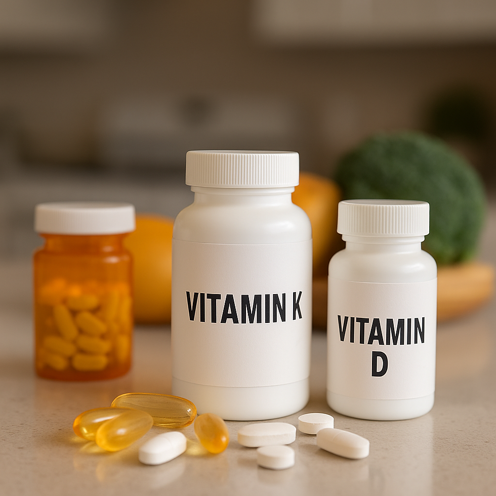 "Vitamin bottles labeled K and D on a kitchen countertop alongside yellow tablets, omega-3 capsules, fresh broccoli, and fruit. A natural light setting emphasizes nutrition and daily supplements for seniors."