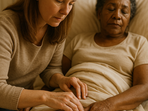 Caregiver gently treating a bed sore on an elderly woman’s leg at home, highlighting compassionate senior care and pressure ulcer prevention