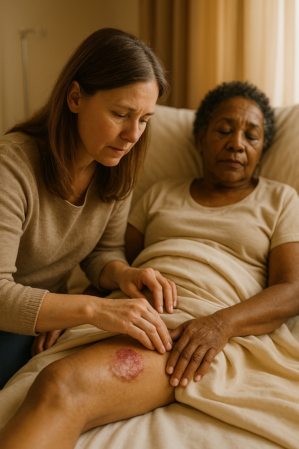 Caregiver gently treating a bed sore on an elderly woman’s leg at home, highlighting compassionate senior care and pressure ulcer prevention