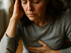 “Middle-aged woman sitting alone in soft lighting, gently touching her stomach while looking thoughtful—capturing symptoms of gastritis, stomach lining erosion, low stomach acid, and digestive discomfort in aging adults.”