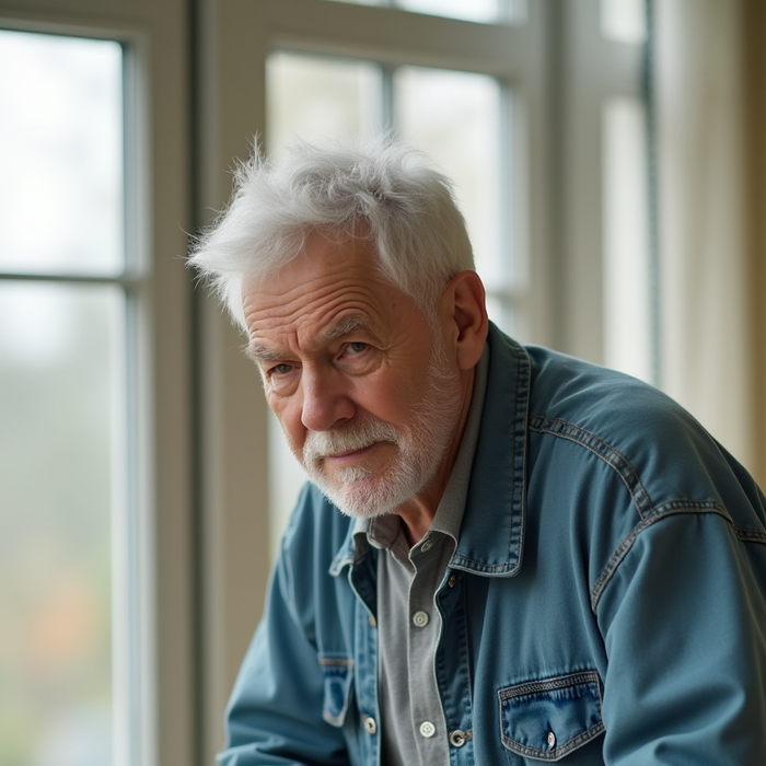 "Elderly man with a walker and beard stands beside a window as soft white light fills the hallway, symbolizing the quiet vulnerability of aging alone."