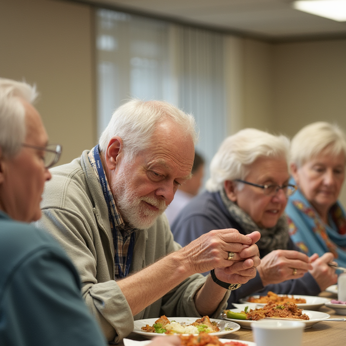 "Seniors gathered around a table, smiling and eating together in a warm, yellow-toned room—celebrating connection, joy, and social engagement in aging."

