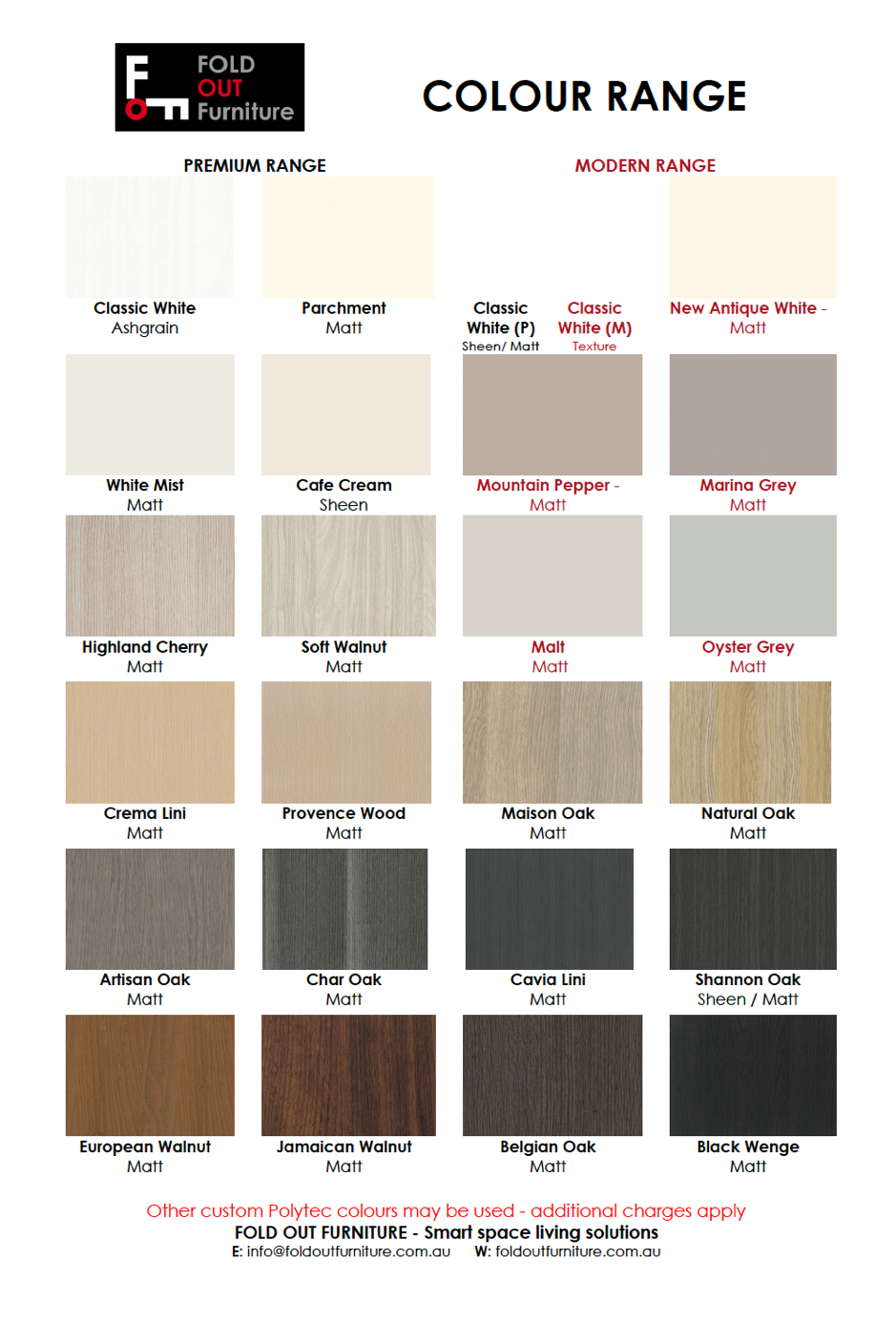 Colours available for DIY Flatpacks
