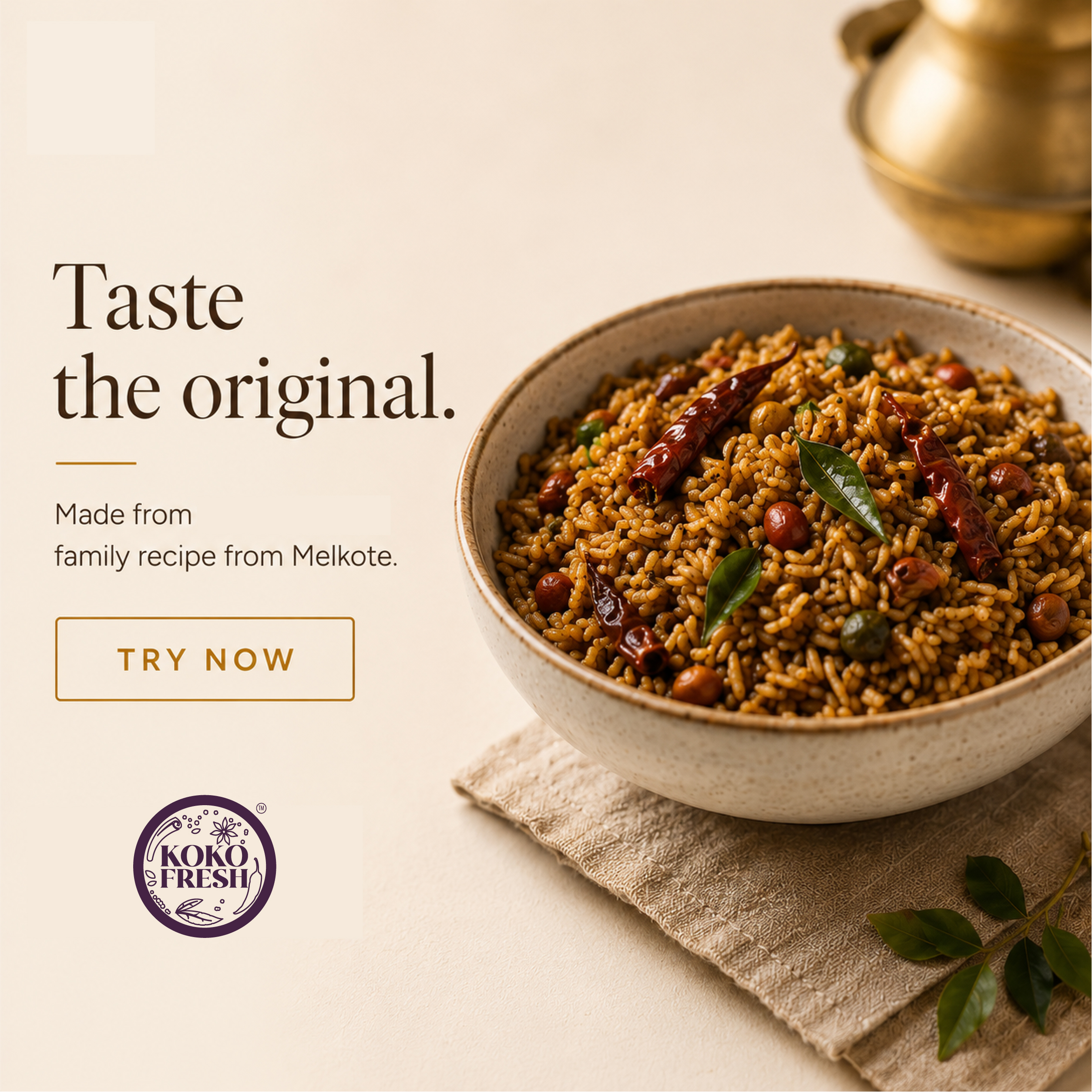 Kokofresh Melkote-style puliyogare rice served in a bowl 