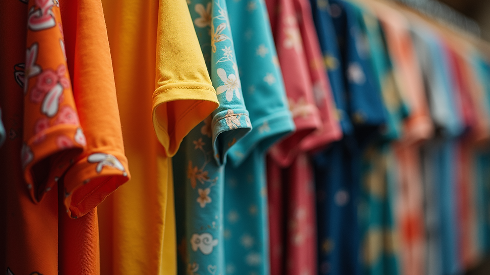 Eye-level view of a colorful t-shirt display with unique prints