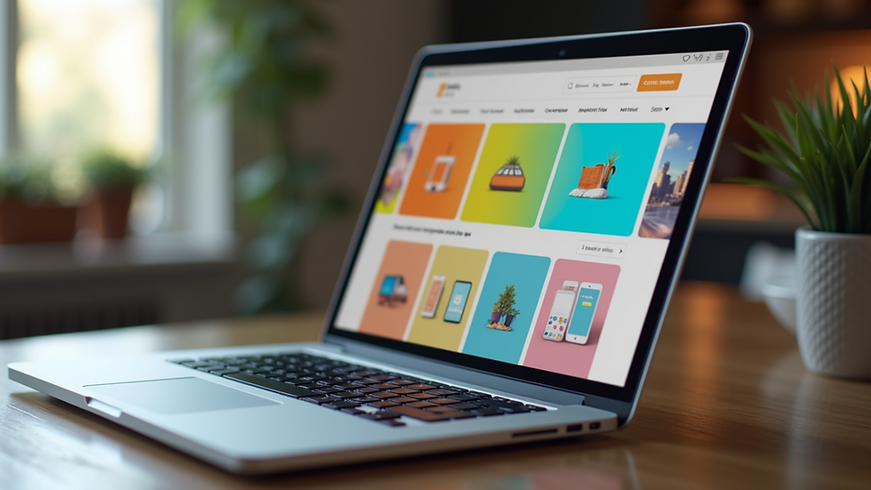 Close-up view of a laptop showing a colorful online store homepage