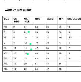 Niellas Creation size chart showing garment measurements