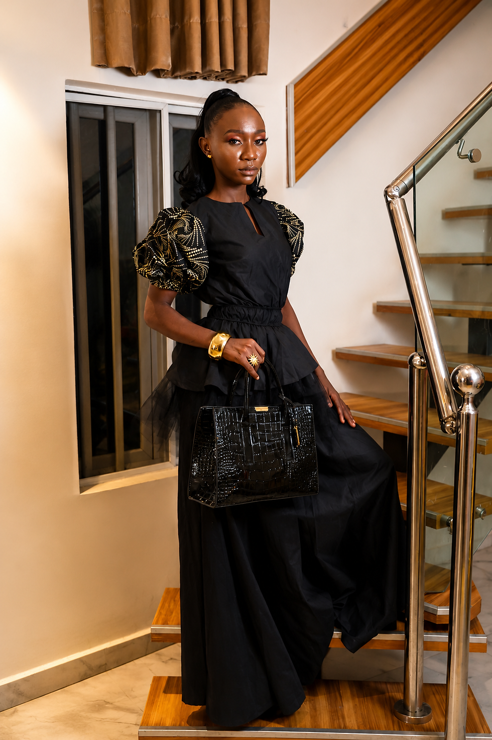 Thumbnail: Adaora Ankara Sleeve Peplum Black Dress