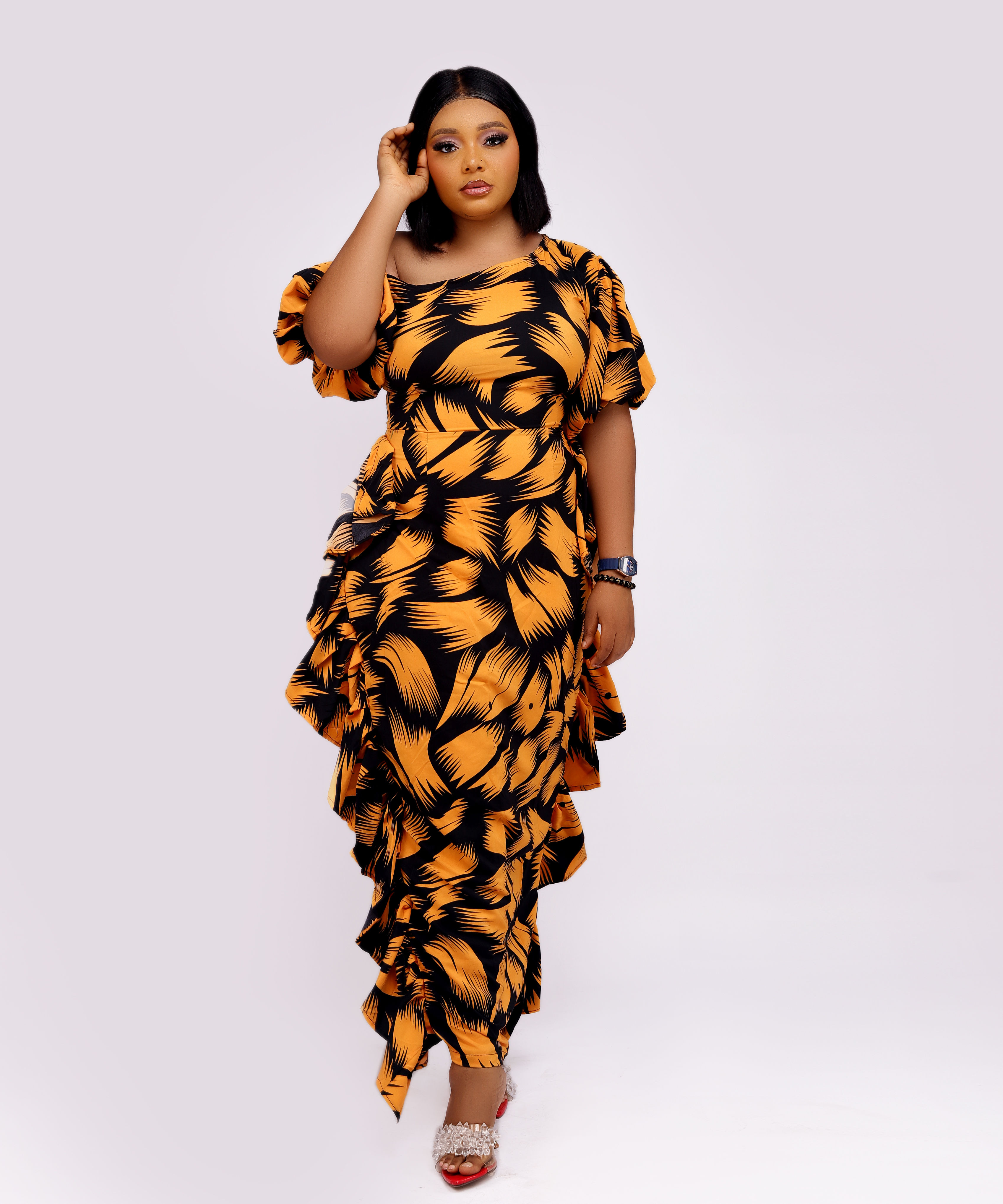 Mara Ruffle Crepe Dress Yellow | African Print Dress Canada