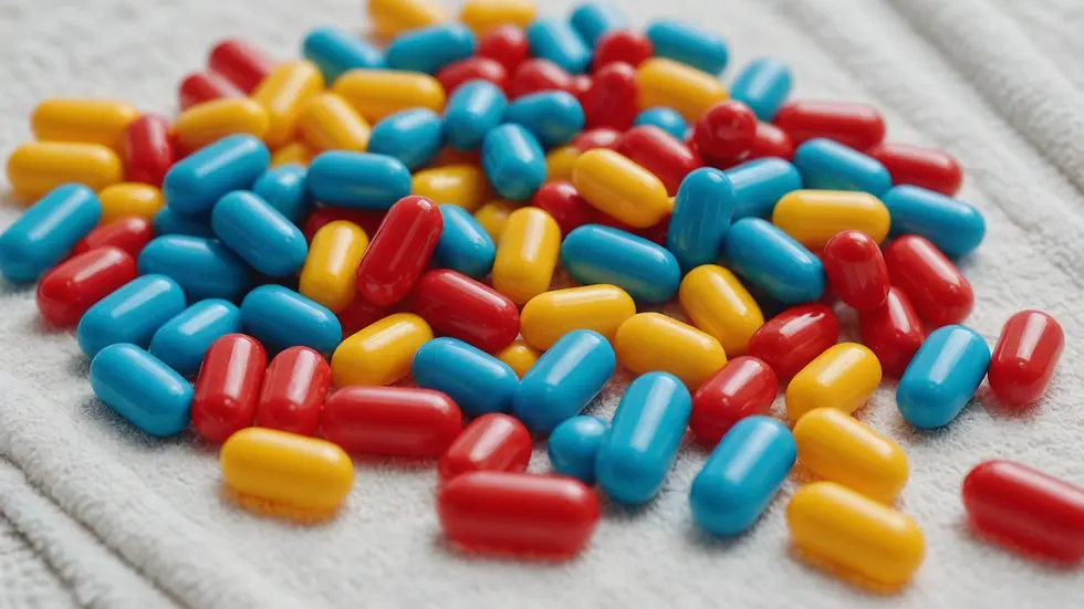 Close-up view of vibrant medication capsules scattered on a soft towel