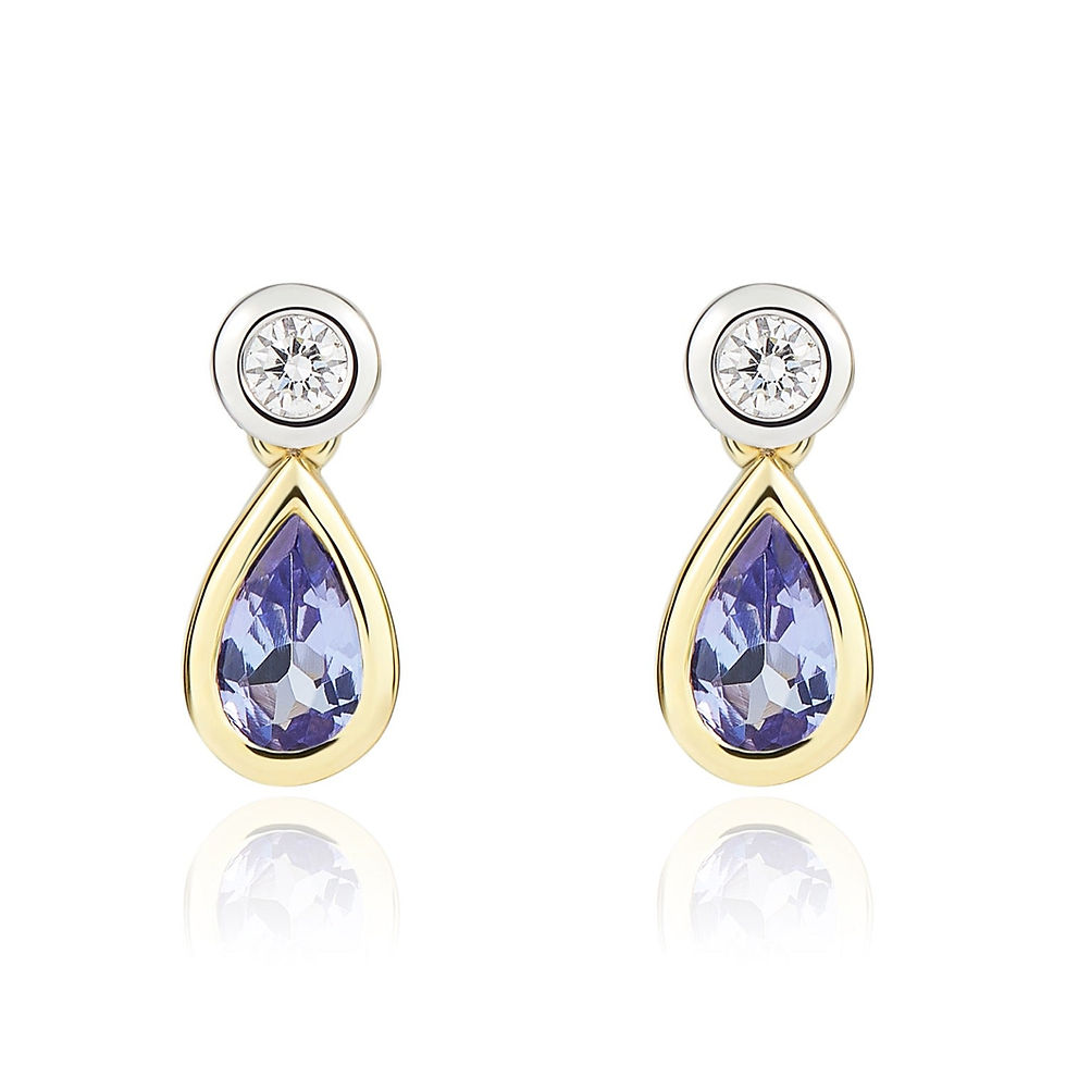 18CT Yellow & White Gold Pear Shaped Tanzanite & Round Diamond Two Stone Earring shown against a neutral background, highligh