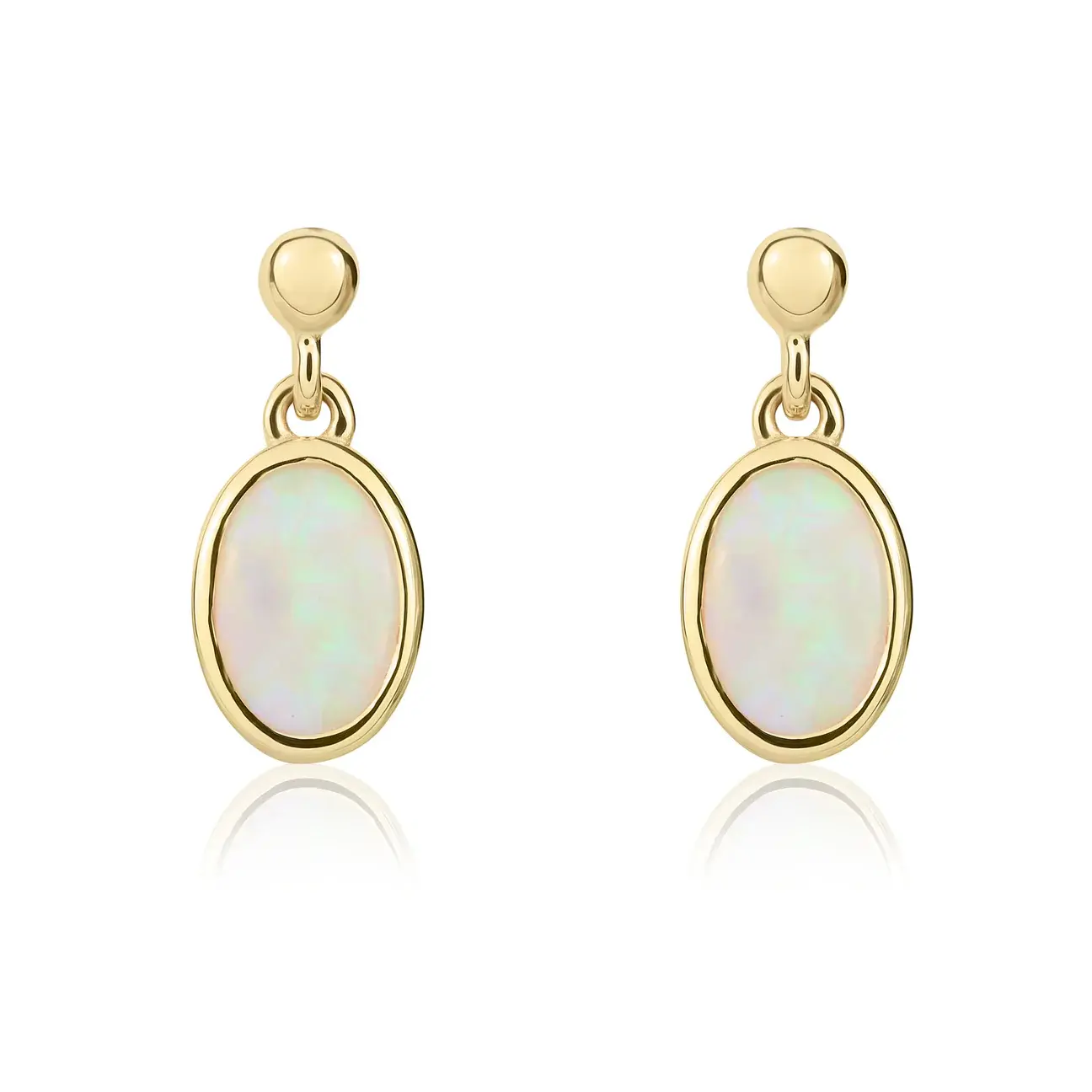 Front view of 9CT yellow gold oval opal drop earrings 6x4mm
