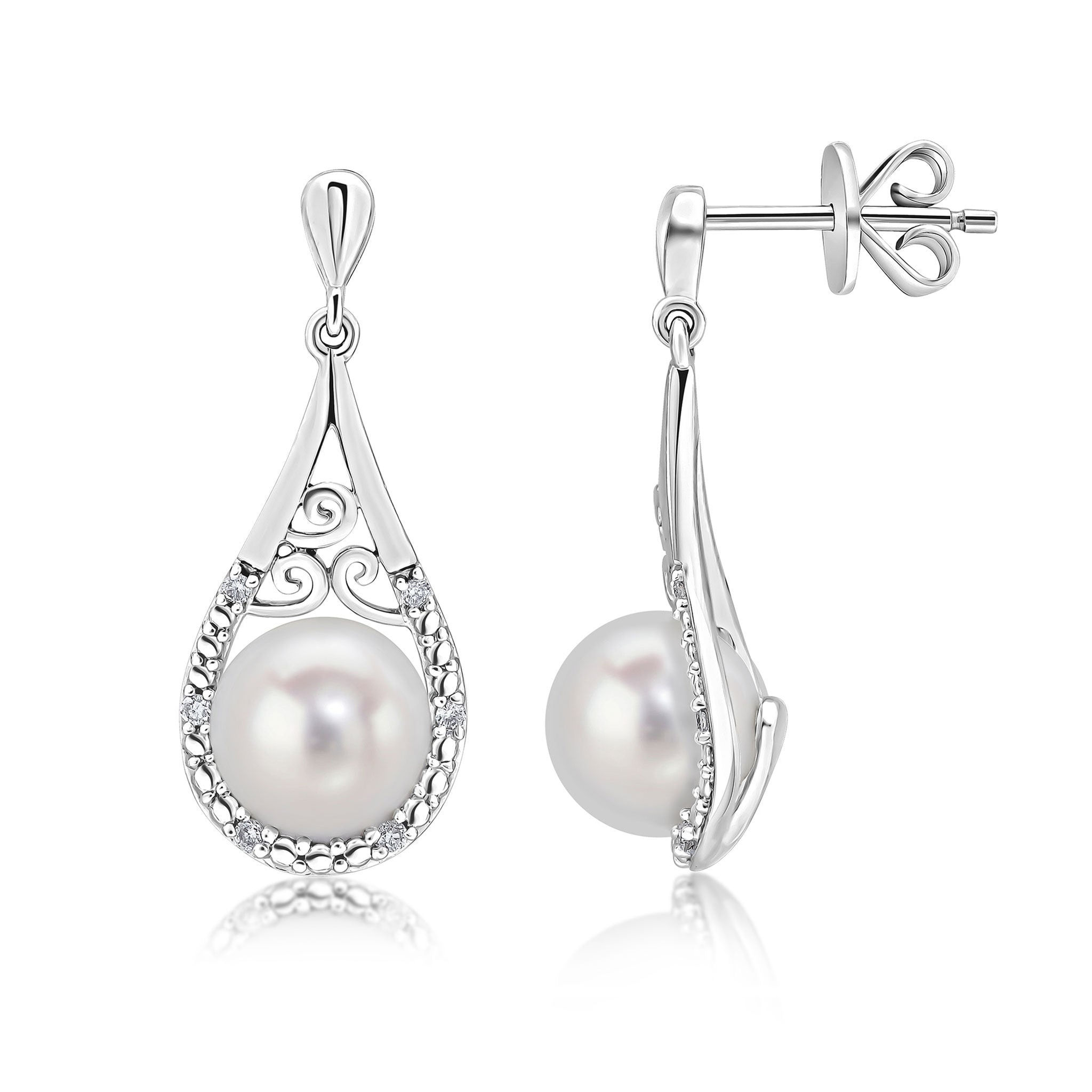 9CT White Gold Diamond & Pearl Basket Drop Earrings