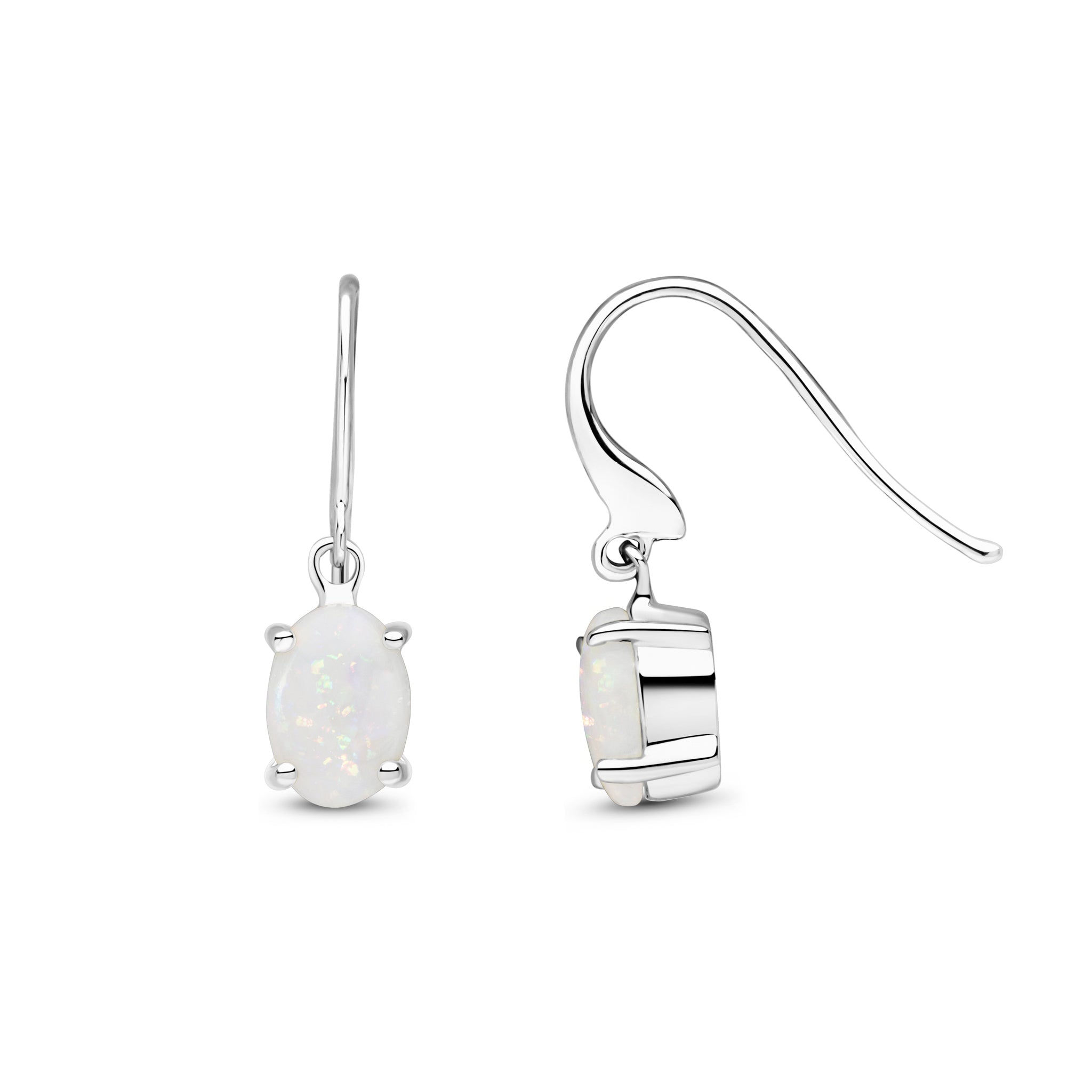 9CT White Gold Oval Opal Claw Hook Wire Drop Earrings 7x5mm