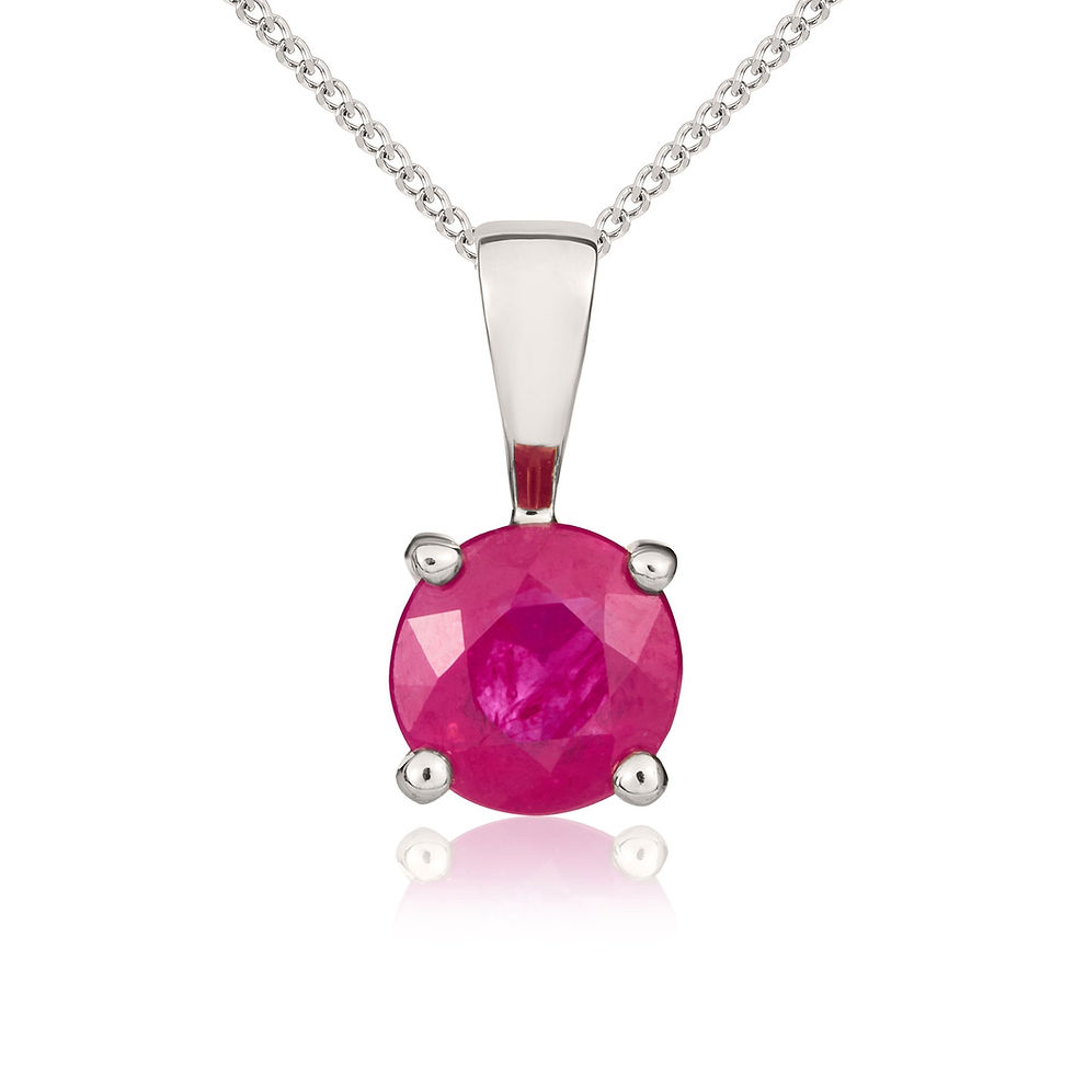 9CT White Gold Round Ruby Claw Pendant 5mm shown against a neutral background, highlighting its design and finish.