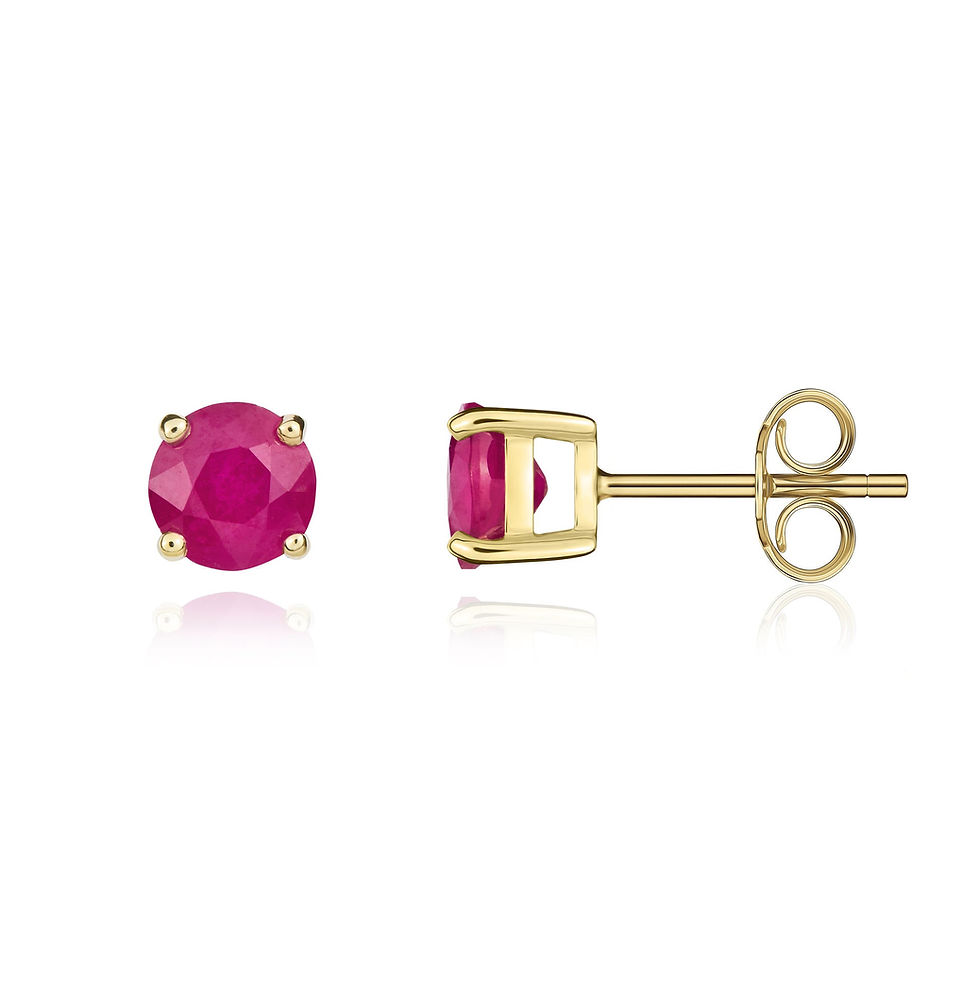 9CT Yellow Gold Round Ruby Claw Stud Earrings 5mm shown against a neutral background, highlighting its design and finish. – i