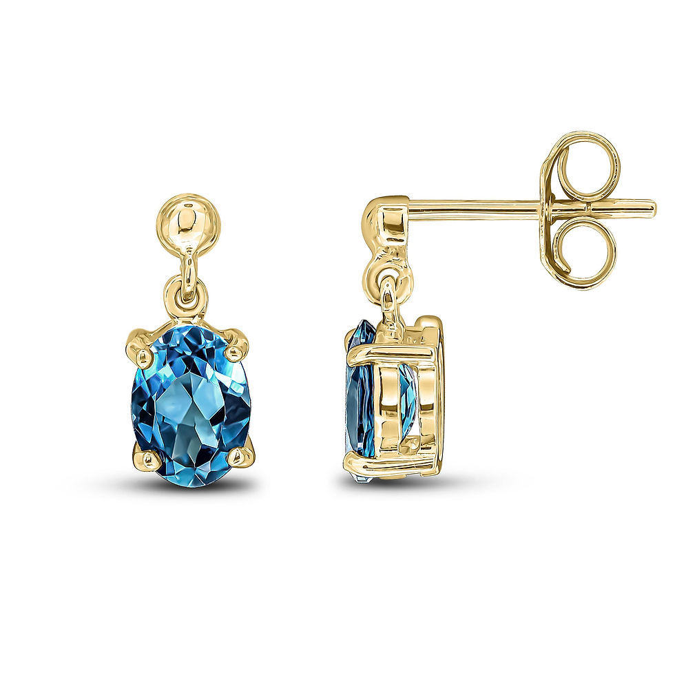 Yellow gold drop earrings with an Oval London Blue Topaz in a claw setting - Side view