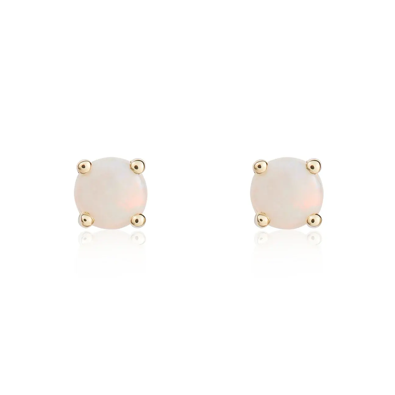 Front view of 4mm round opal claw stud earrings in 9ct yellow gold by West Country Goldsmiths, Plymouth.