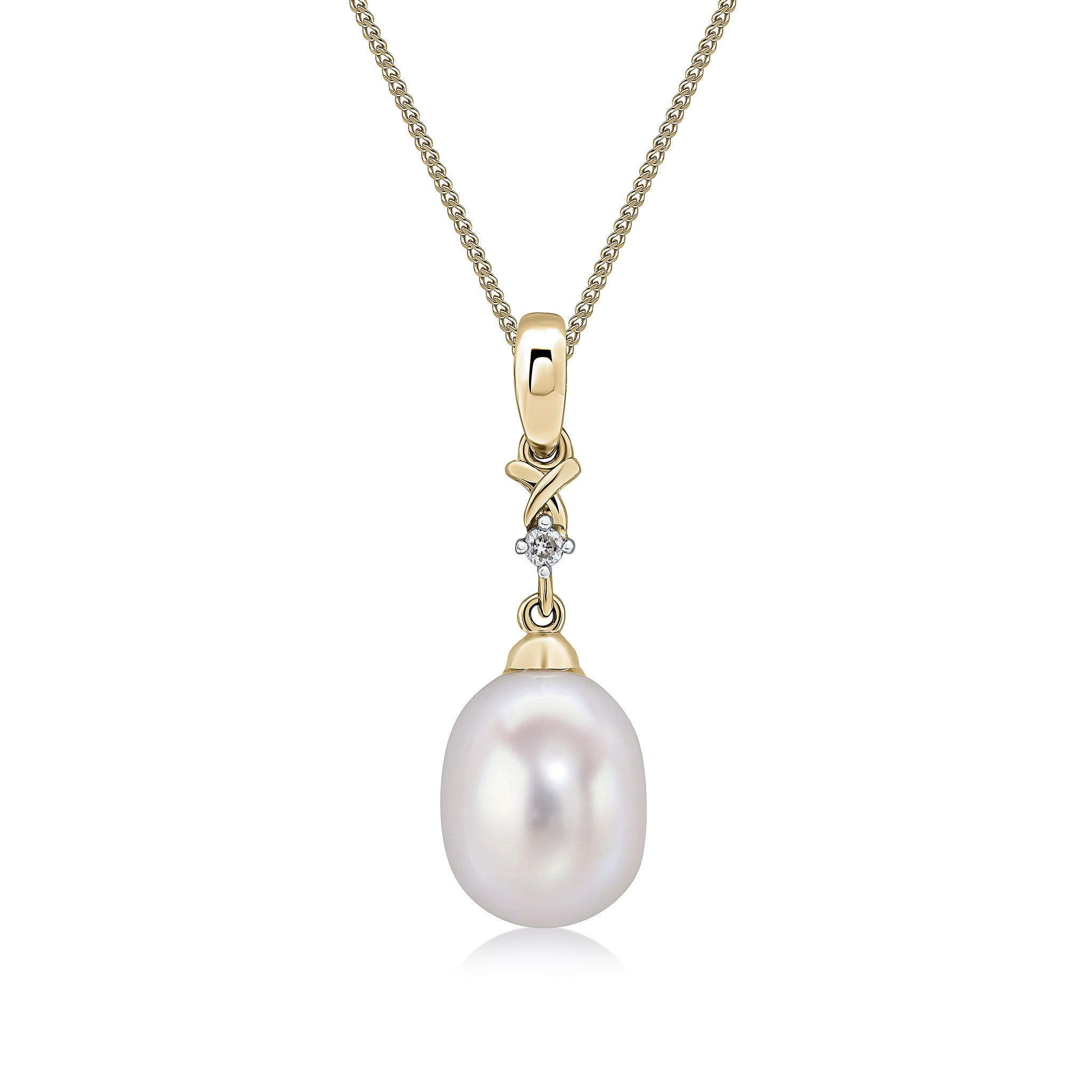 9ct Yellow Gold Pearl & Two Stone Diamond Pendant