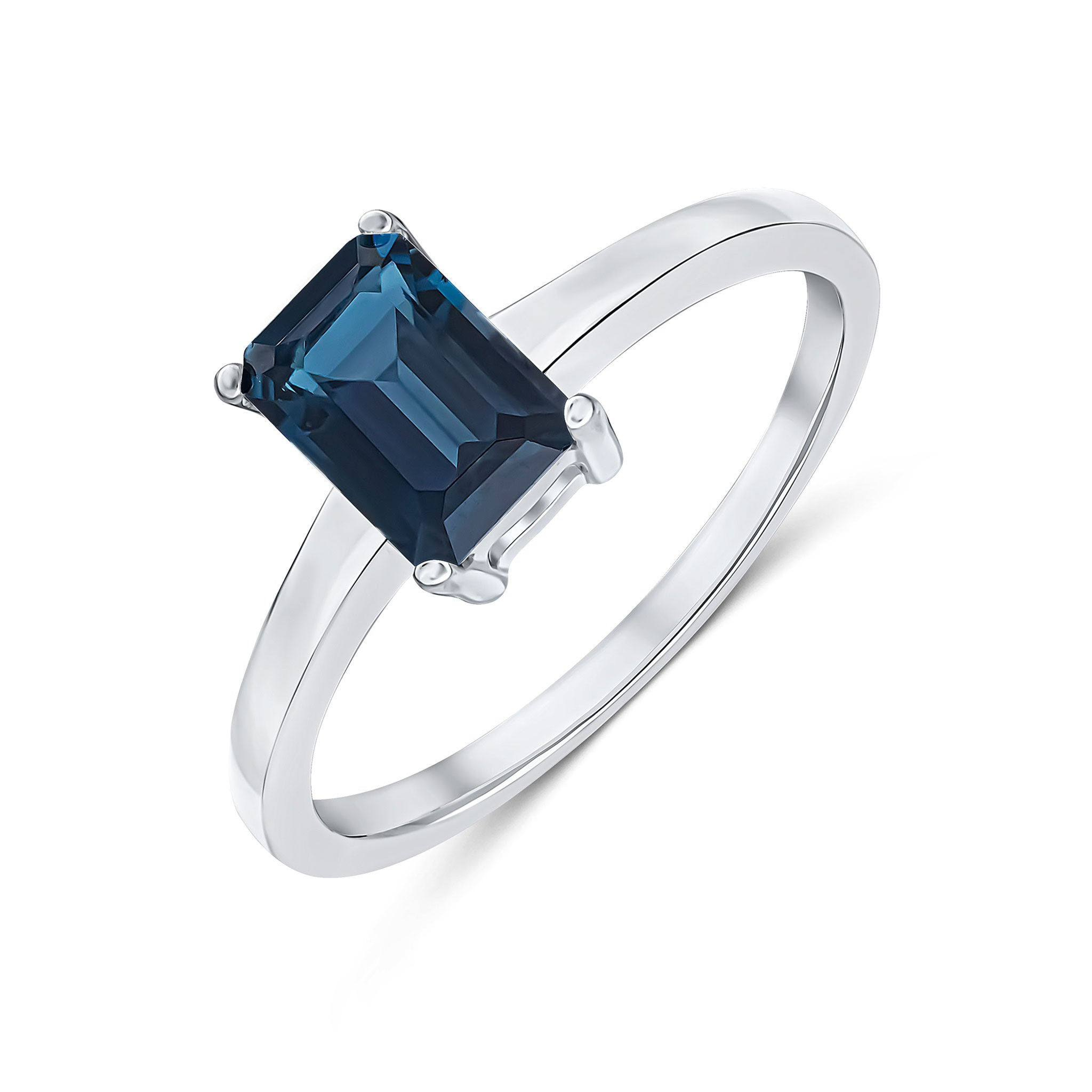 White gold ring mount with an Octagonal London Blue Topaz in a claw setting - Top and side view