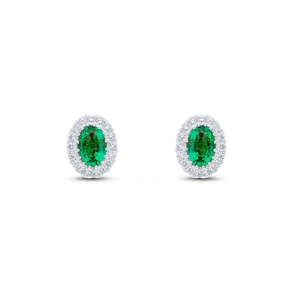 18CT White Gold Oval Emerald & Diamond Cluster Earrings 6x4mm shown against a neutral background, highlighting its design and