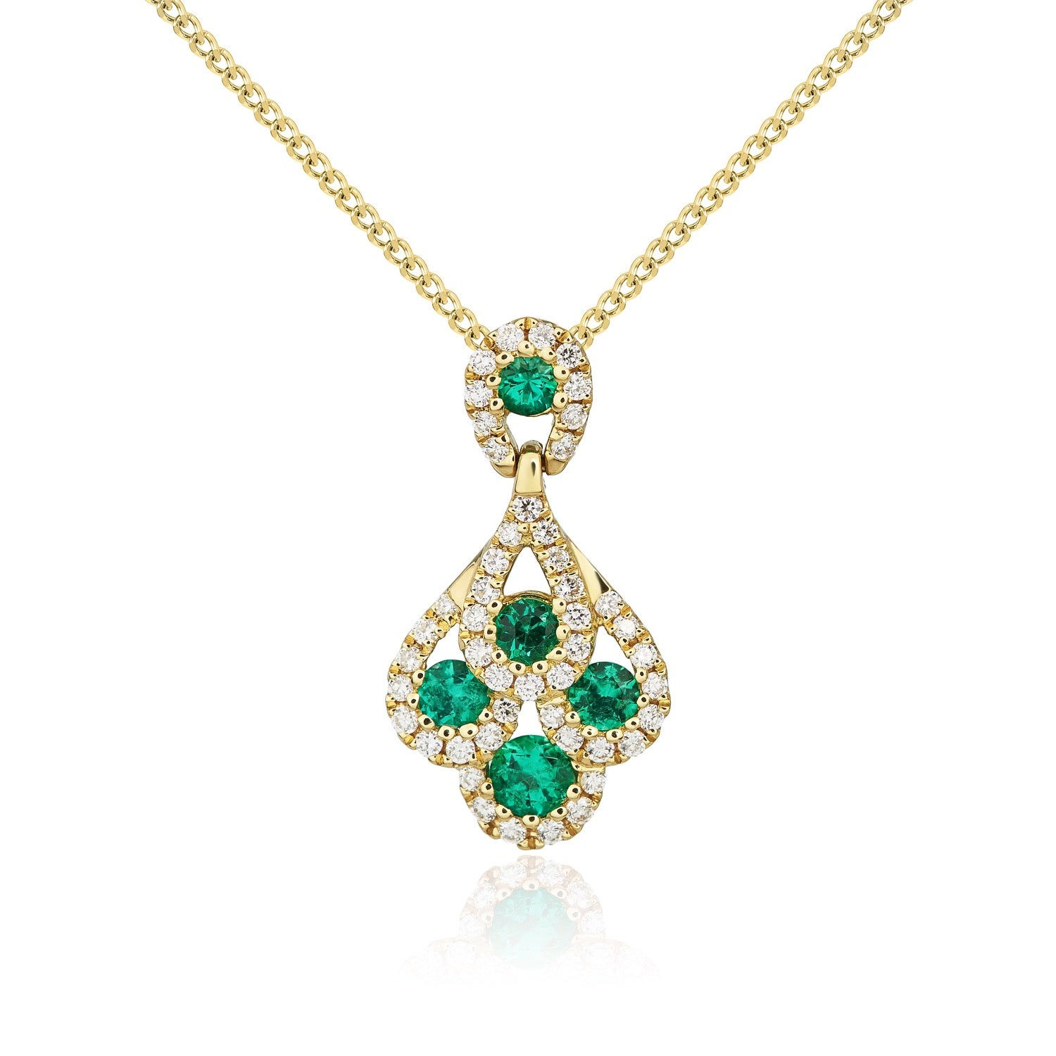 18CT Yellow Gold Emerald & Diamond Peacock Pendant shown against a neutral background, highlighting its design and finish.