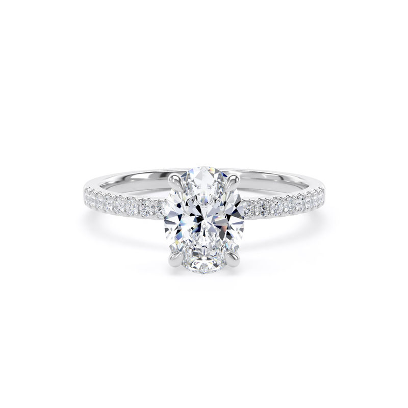 0.80ct oval diamond ring with diamond set shoulders in platinum front view
