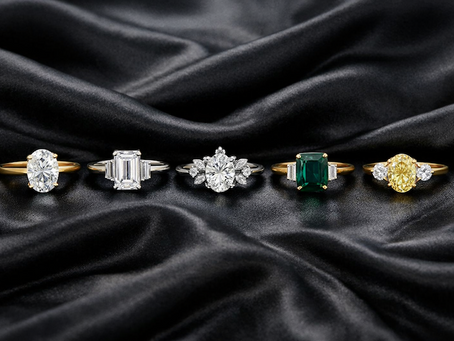 a row of five engagement rings in both yellow gold and platinum on a black silk background