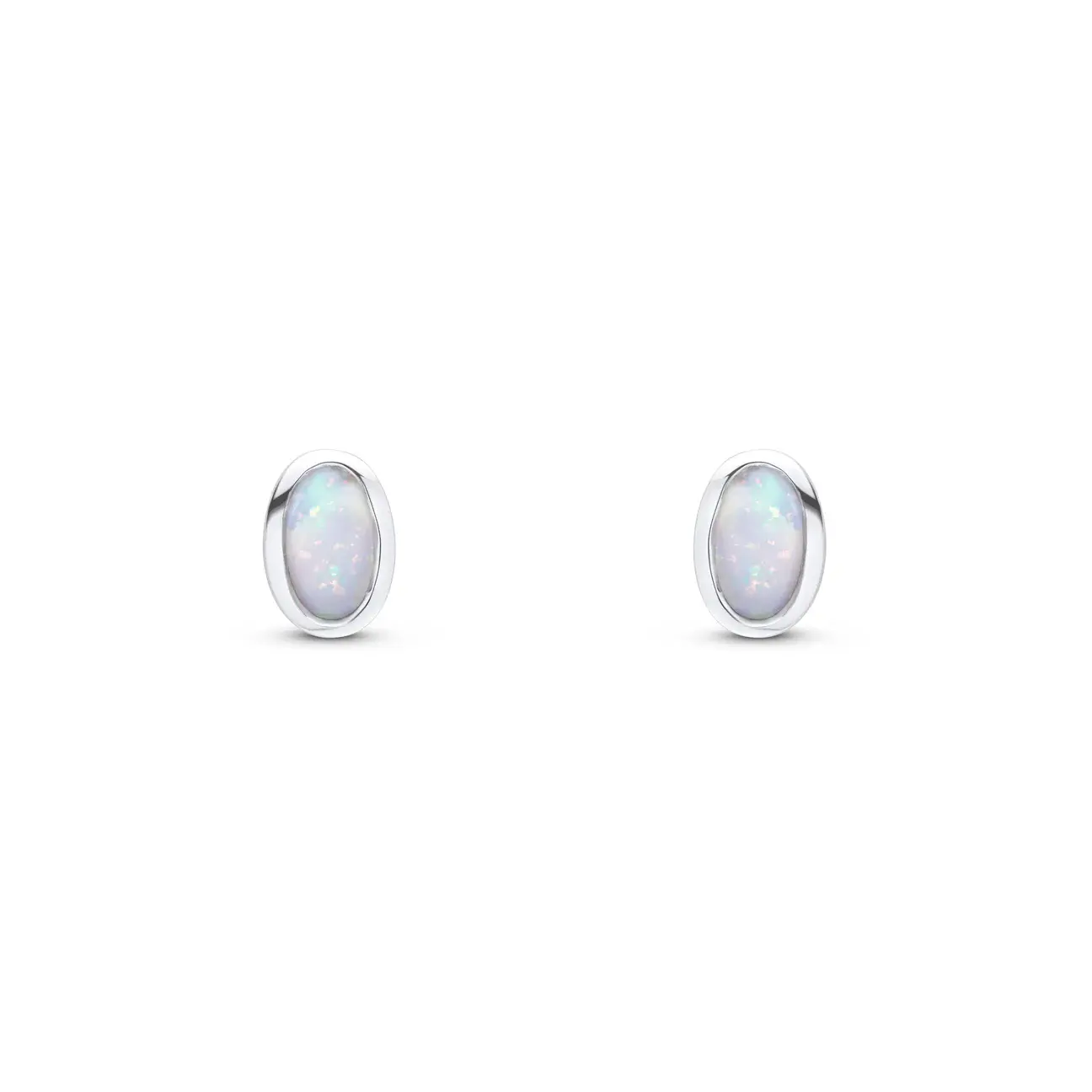 Front view of 9CT white gold oval opal rubover stud earrings 5x3mm