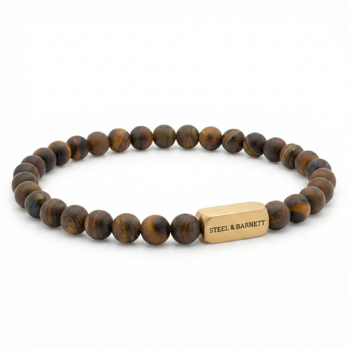 Matte Round Tiger Eye Gemstone Bead Bracelet with Plated 18K Gold Clasp on a white background
