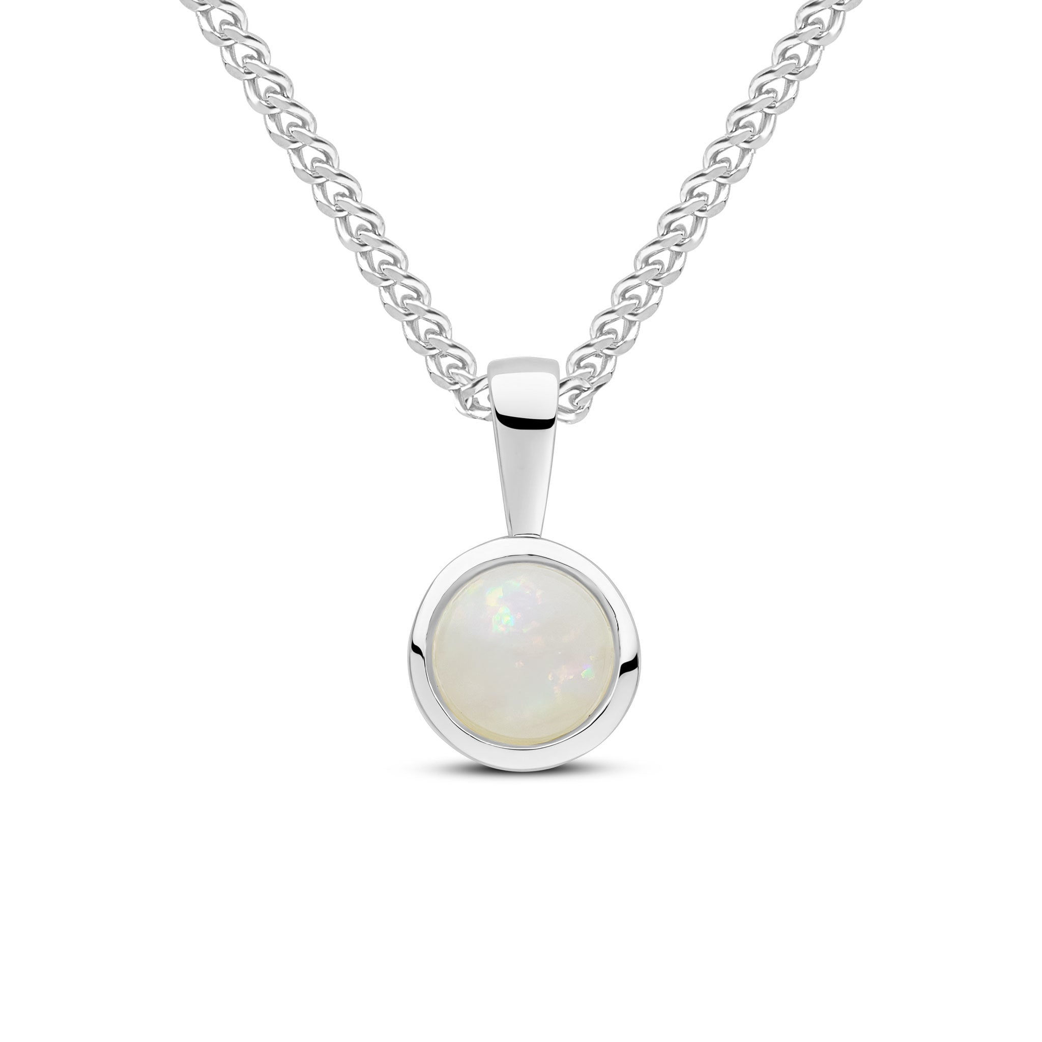 9CT White Gold Round Opal Rubover Pendant 6mm