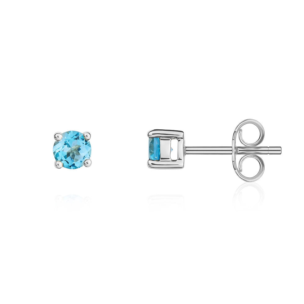 White gold stud earrings with a Swiss Blue Topaz round stone in a claw setting - side view