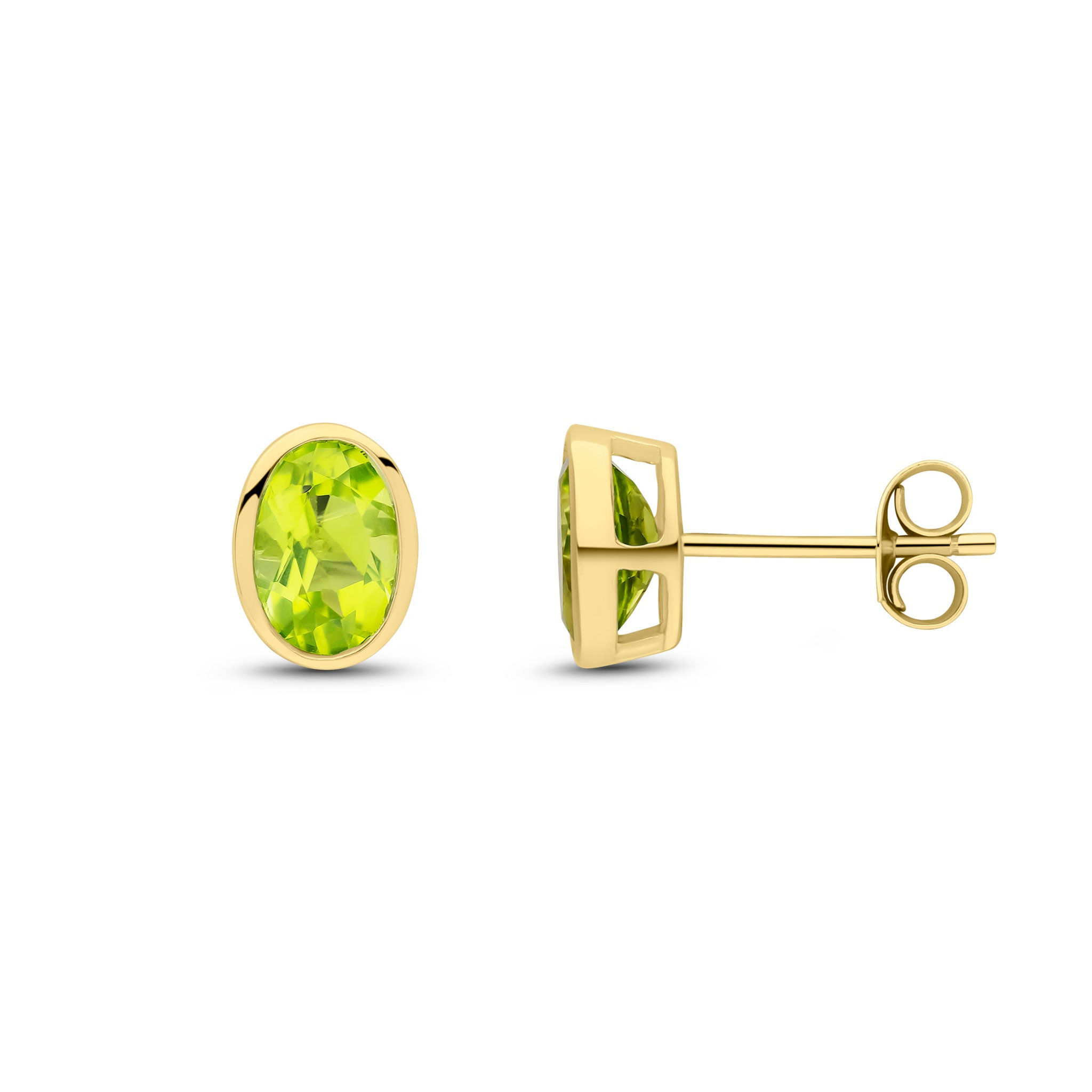 9CT Yellow Gold Oval Peridot Rubover Stud Earrings 7x5mm