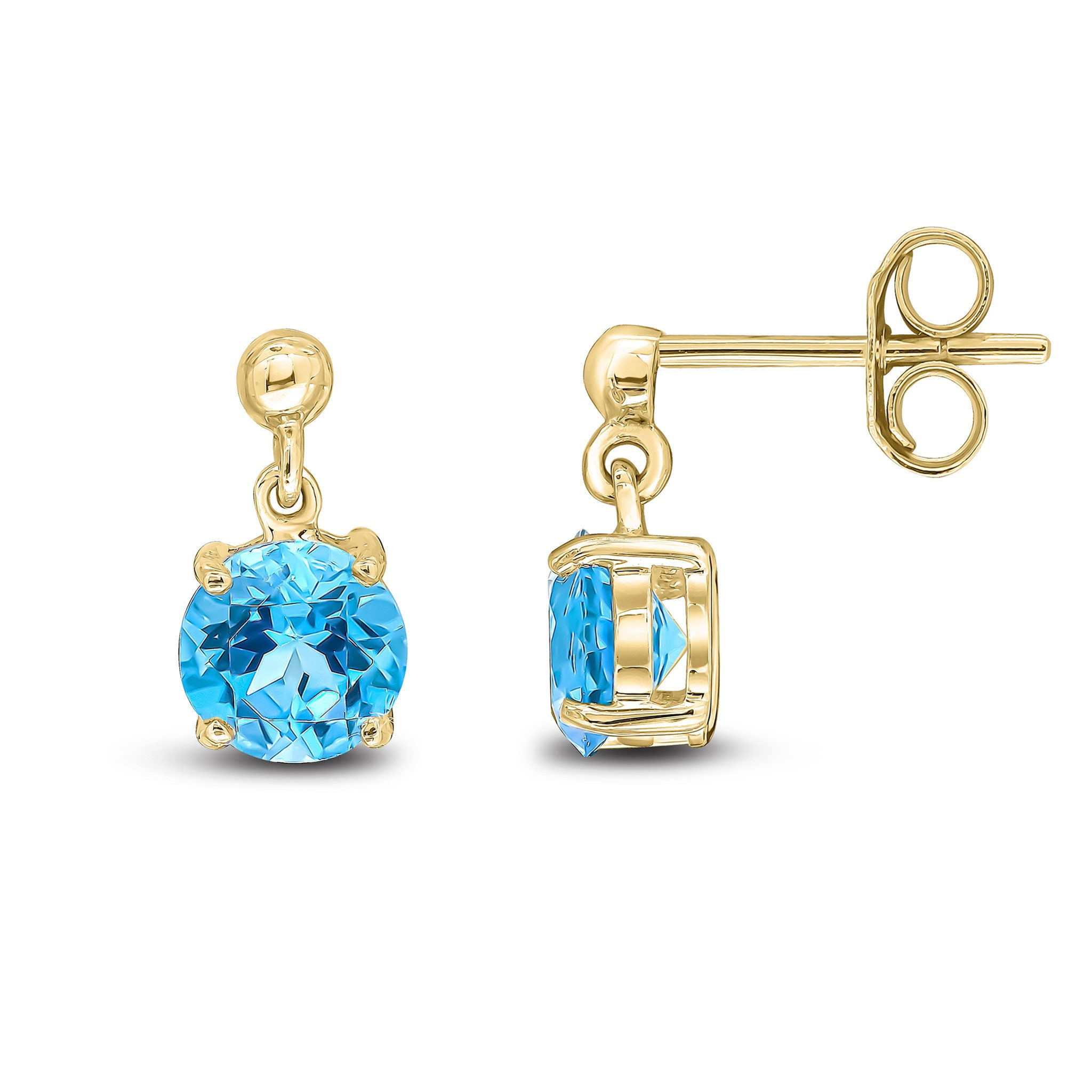 Yellow gold drop earrings with a Round Swiss Blue Topaz in a claw setting - Side view