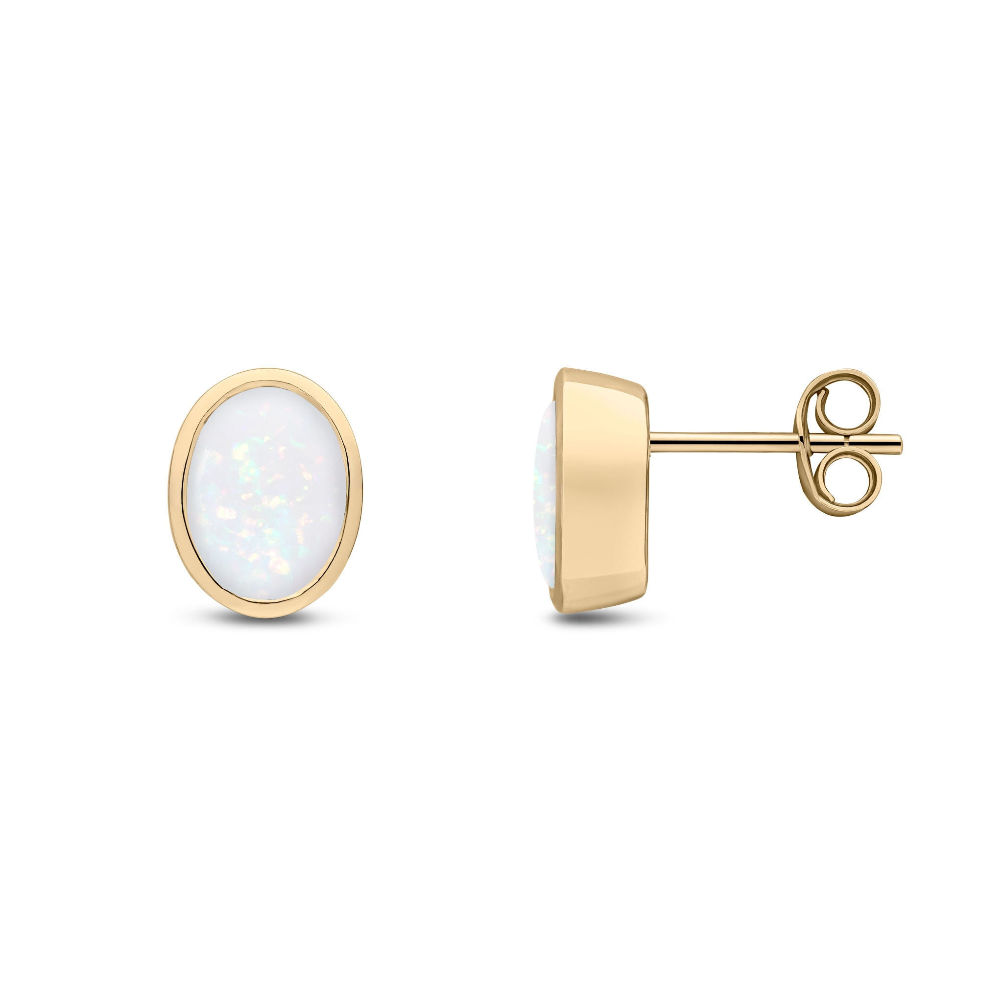 9CT Yellow Gold Oval Opal Rubover Stud Earrings 8x6mm