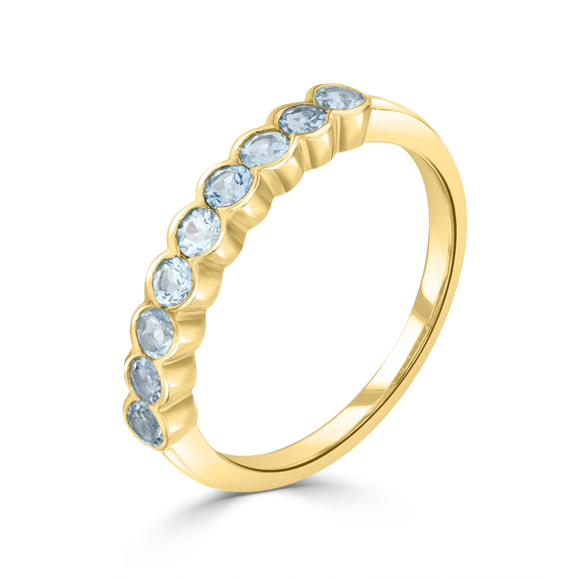 9ct Yellow Gold Round Aquamarine 9 Stone Rubover Scallop Ring top view