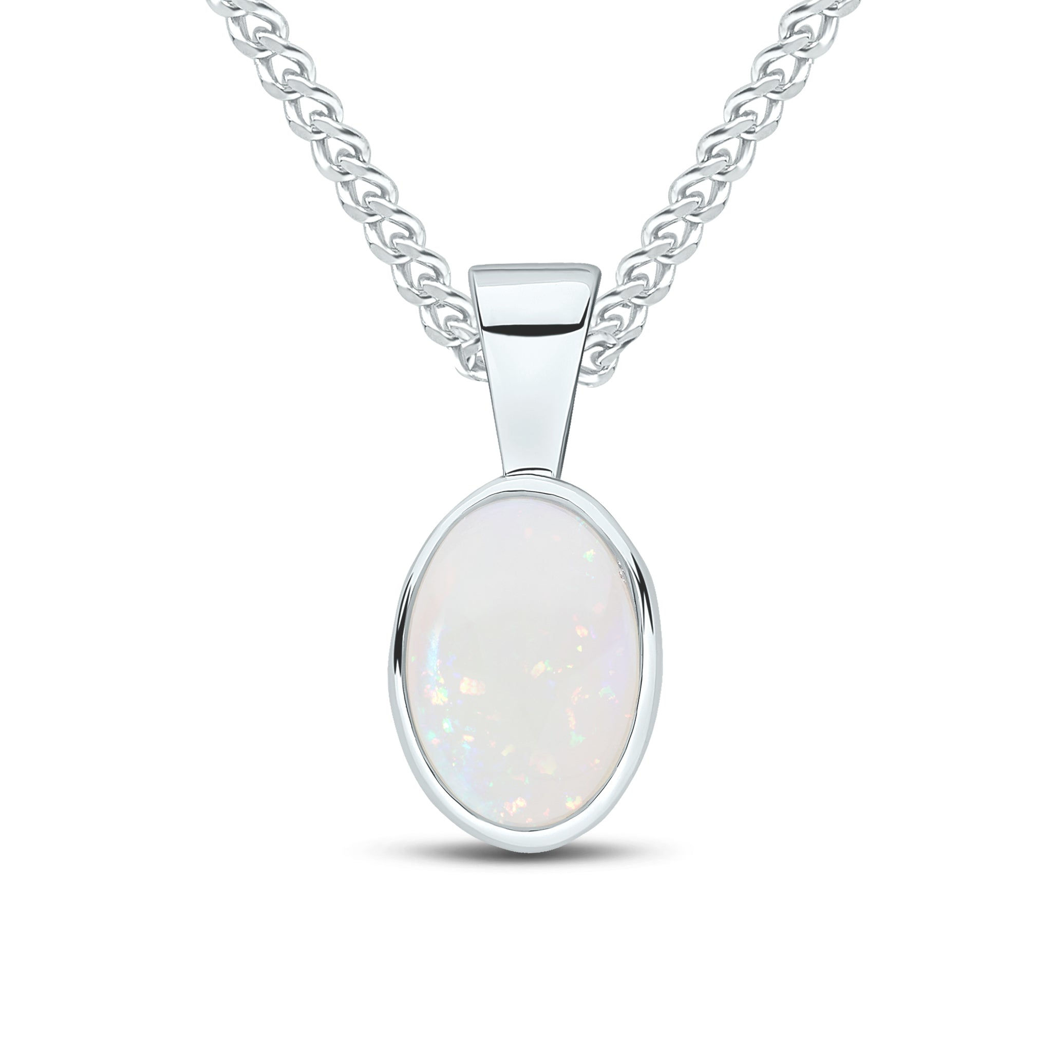 9CT White Gold Oval Opal Rubover Pendant 7x5mm