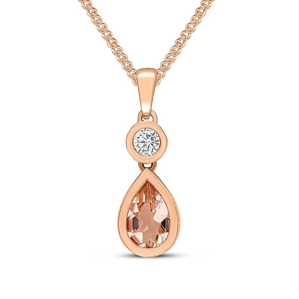 18CT Rose Gold Pear Shaped Morganite & Round Diamond Two Stone Pendant 6x4mm shown against a neutral background, highlighting