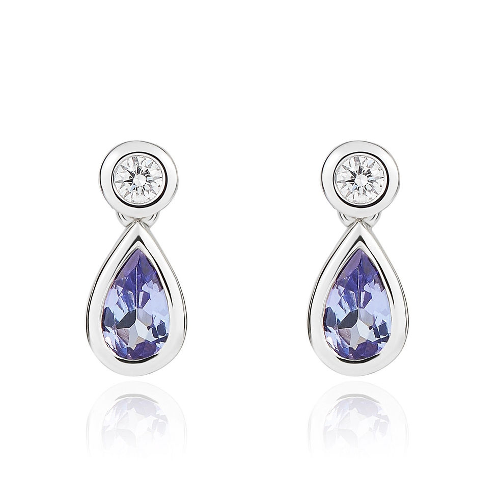 18CT White Gold Pear Shaped Tanzanite & Round Diamond Two Stone Earrings 5x3mm shown against a neutral background, highlighti